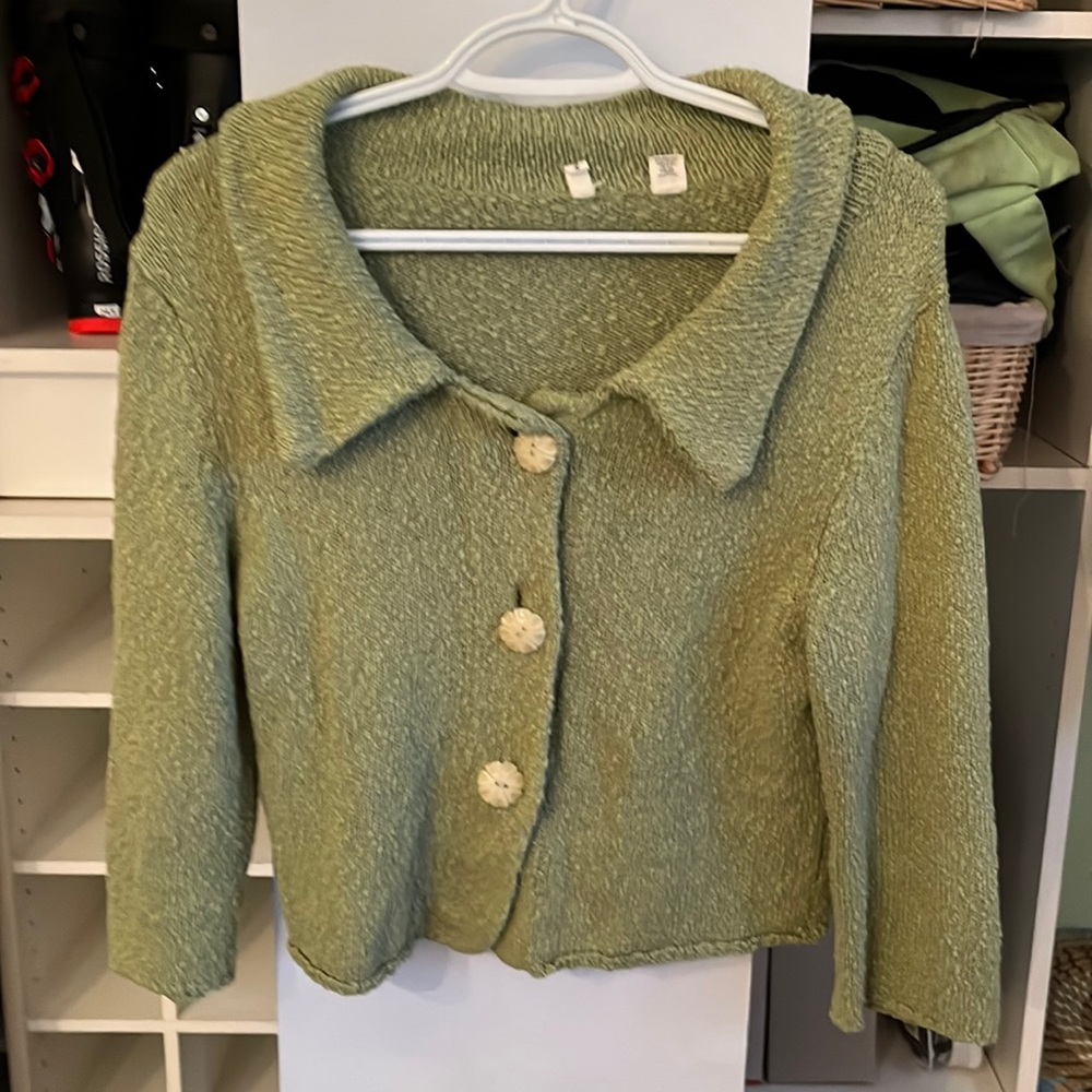 Moth size medium muted green sweater with collar amd 3/4 sleeve.